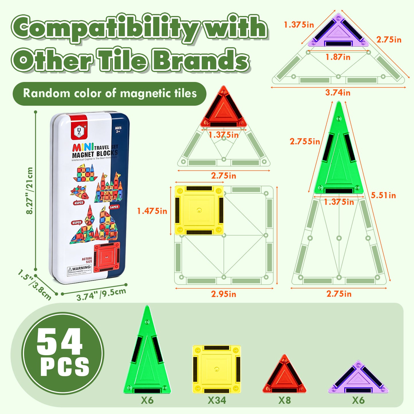 Mini Magnetic Tiles, Travel Magnetic Tiles 54 PCS Magnetic Blocks, Montessori Learning Toys for 3 to 4 Year, Magnetic Construction Toys for Toddlers 3-6 Years Old, Travel Toys for Boys Girls