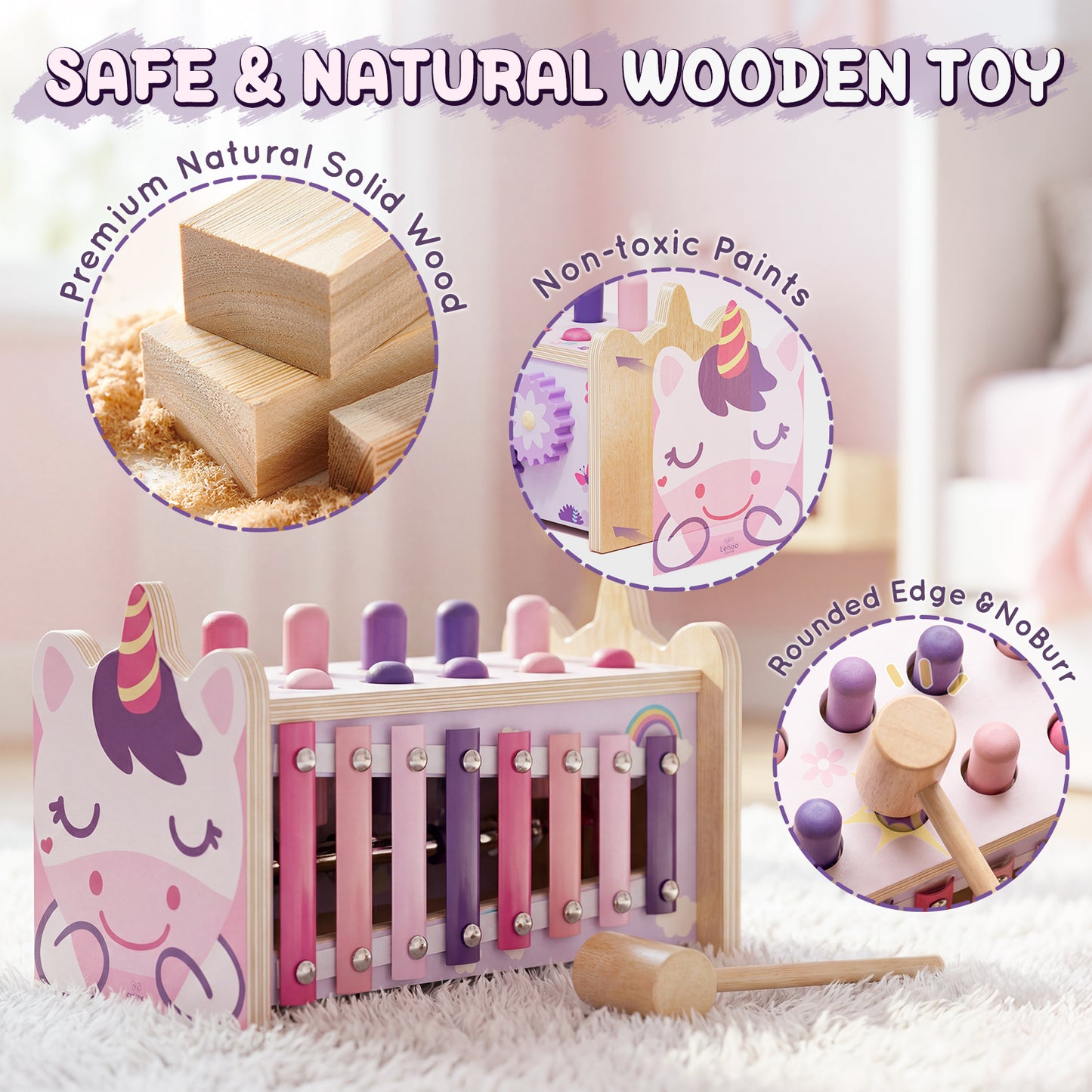 Wooden Montessori Toys for 1 Year Old, Hammering Pounding Toy with Xylophone, Educational Learning Toys, Baby Activity Toys for 1 2 3 Year Old, Preschool Toys, Birthday Gifts (Unicorn)