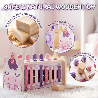 Wooden Montessori Toys for 1 Year Old, Hammering Pounding Toy with Xylophone, Educational Learning Toys, Baby Activity Toys for 1 2 3 Year Old, Preschool Toys, Birthday Gifts (Unicorn)