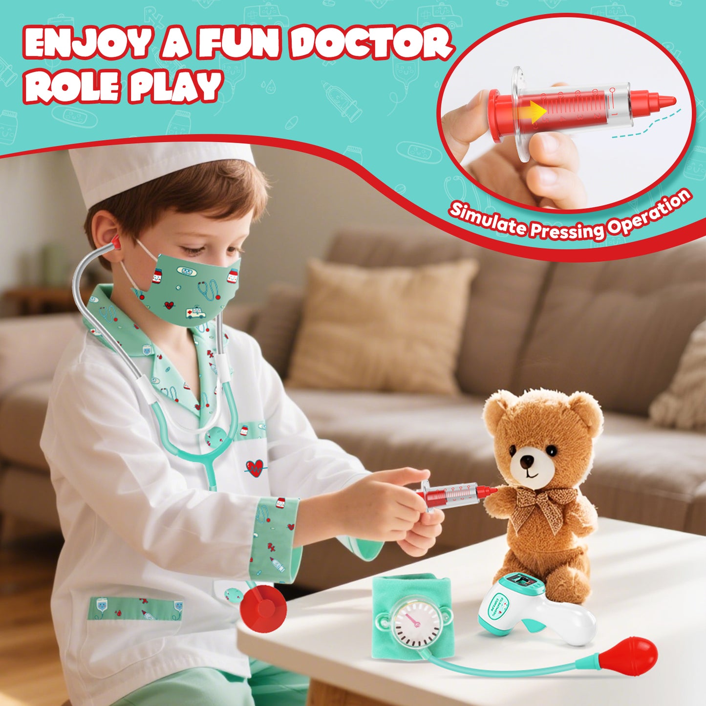 Doctor Costume for Kids Doctor Coat, Doctor Dress Up and Play Set 8 PCS with Real Stethoscope, Lab Coat Career Day Costume Kit for Toddlers Boys Girls 3-12 - Green