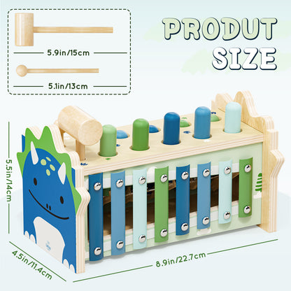 Wooden Montessori Toys for 1 Year Old, Hammering Pounding Toy with Xylophone, Educational Learning Toys, Baby Activity Toys for 1 2 3 Year Old, Preschool Toys, Birthday Gifts (Dinosaur)