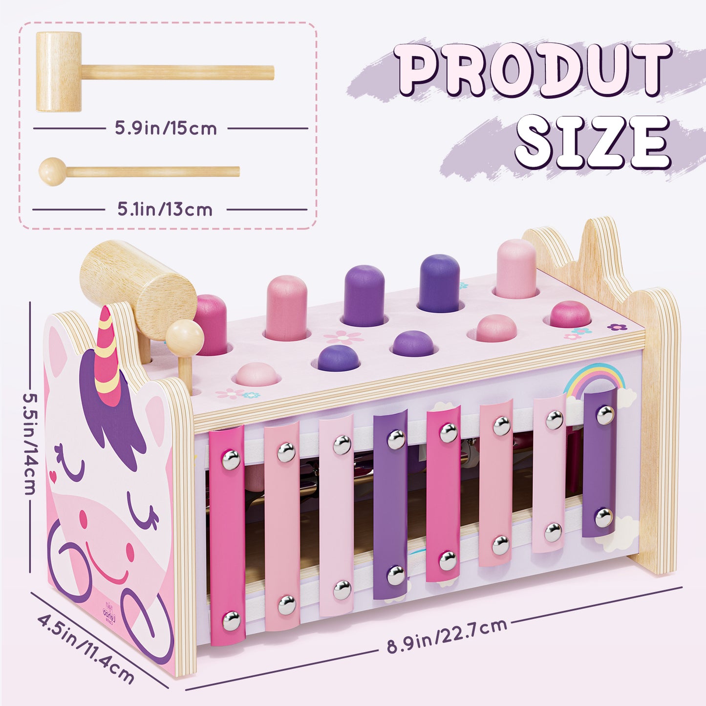 Wooden Montessori Toys for 1 Year Old, Hammering Pounding Toy with Xylophone, Educational Learning Toys, Baby Activity Toys for 1 2 3 Year Old, Preschool Toys, Birthday Gifts (Unicorn)