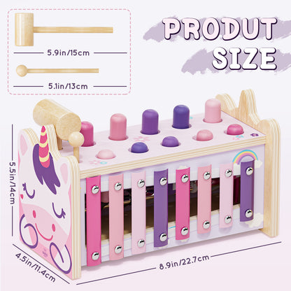 Wooden Montessori Toys for 1 Year Old, Hammering Pounding Toy with Xylophone, Educational Learning Toys, Baby Activity Toys for 1 2 3 Year Old, Preschool Toys, Birthday Gifts (Unicorn)
