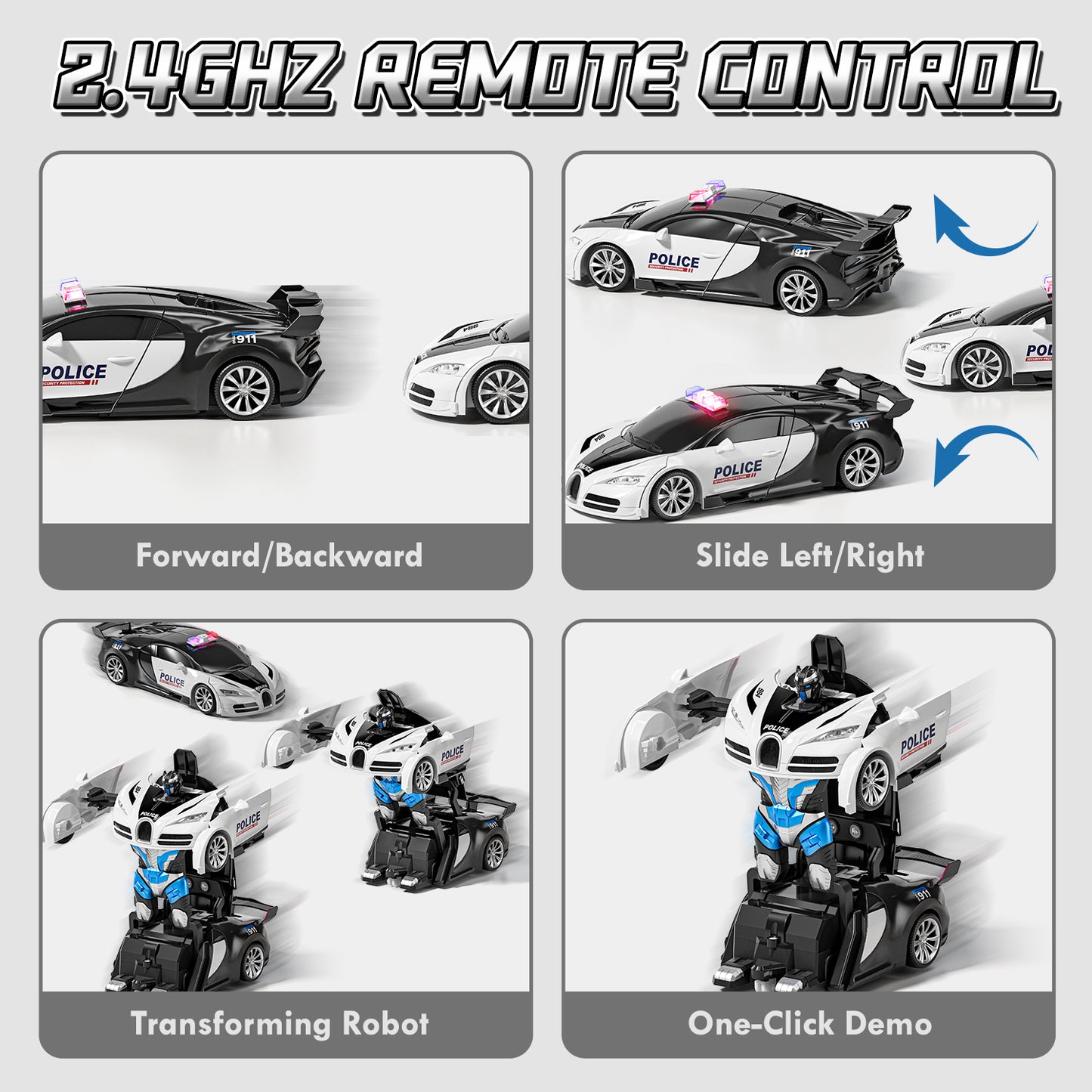 Remote Control Cars, Police Car Toy, Transform RC Cars, Transforming Toys with Cool Light, 360° Rotation One Button Deformation Car Toy, Birthday Gifts for Boys 5-7 8-12 Years Old