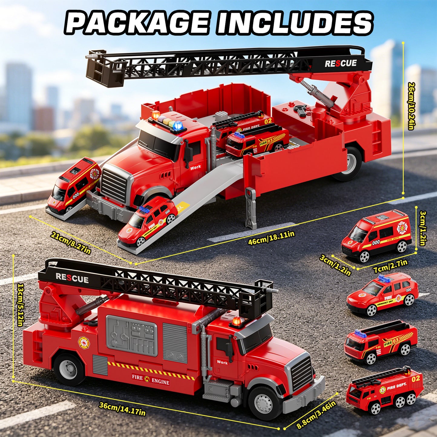 Toy Trucks for Boys 2 3 6 Years, Fire Truck Toys for Toddlers with Lights, Include Ejection Mode, Powerful Storage, Rescue Aerial Ladder, Water Pipes, 4 Alloy Vehicles, Best Birthday Christmas Gifts