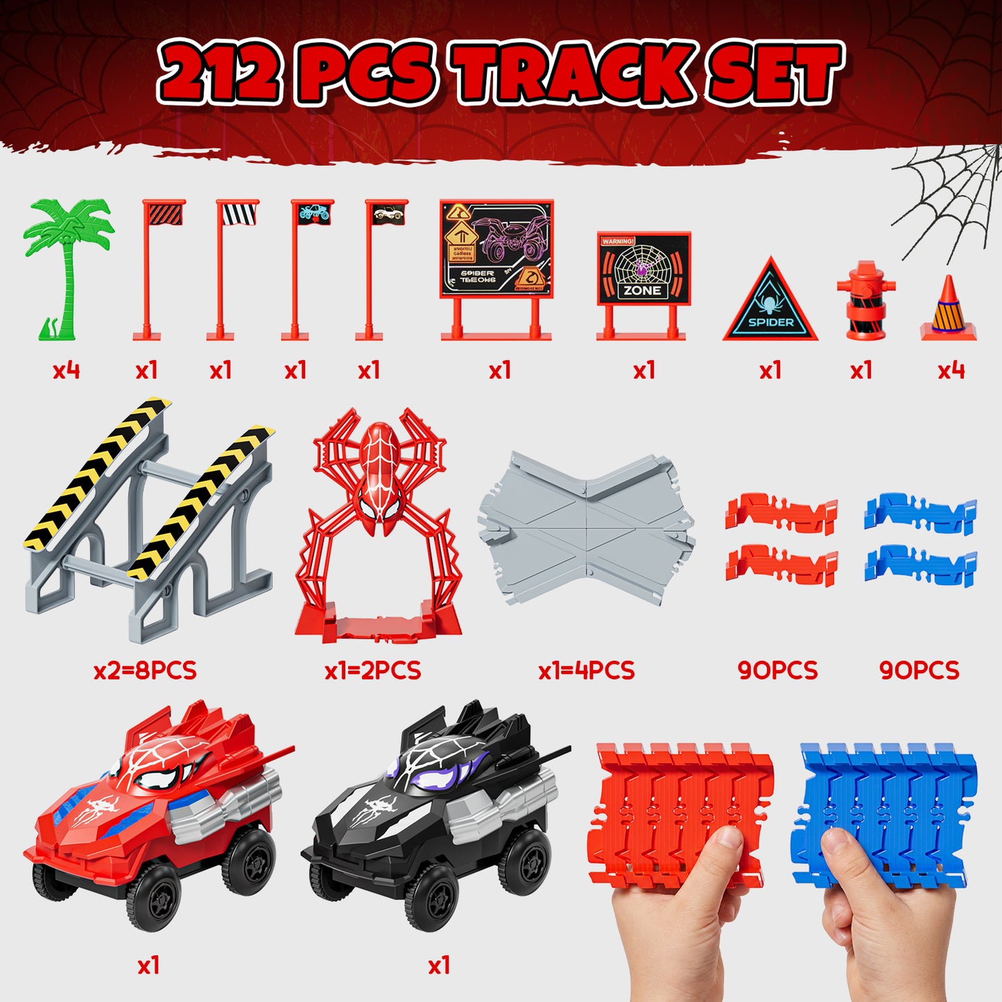 Race Car Track Set, Spider Toys for Boys 3-5, 212 PCS Race Track for Boys with 2 Spider Cars Toys, Car Race Track for Toddlers 3 4 5 6 Years Old, Mini Monster Truck for Boys Girls Birthday Gifts