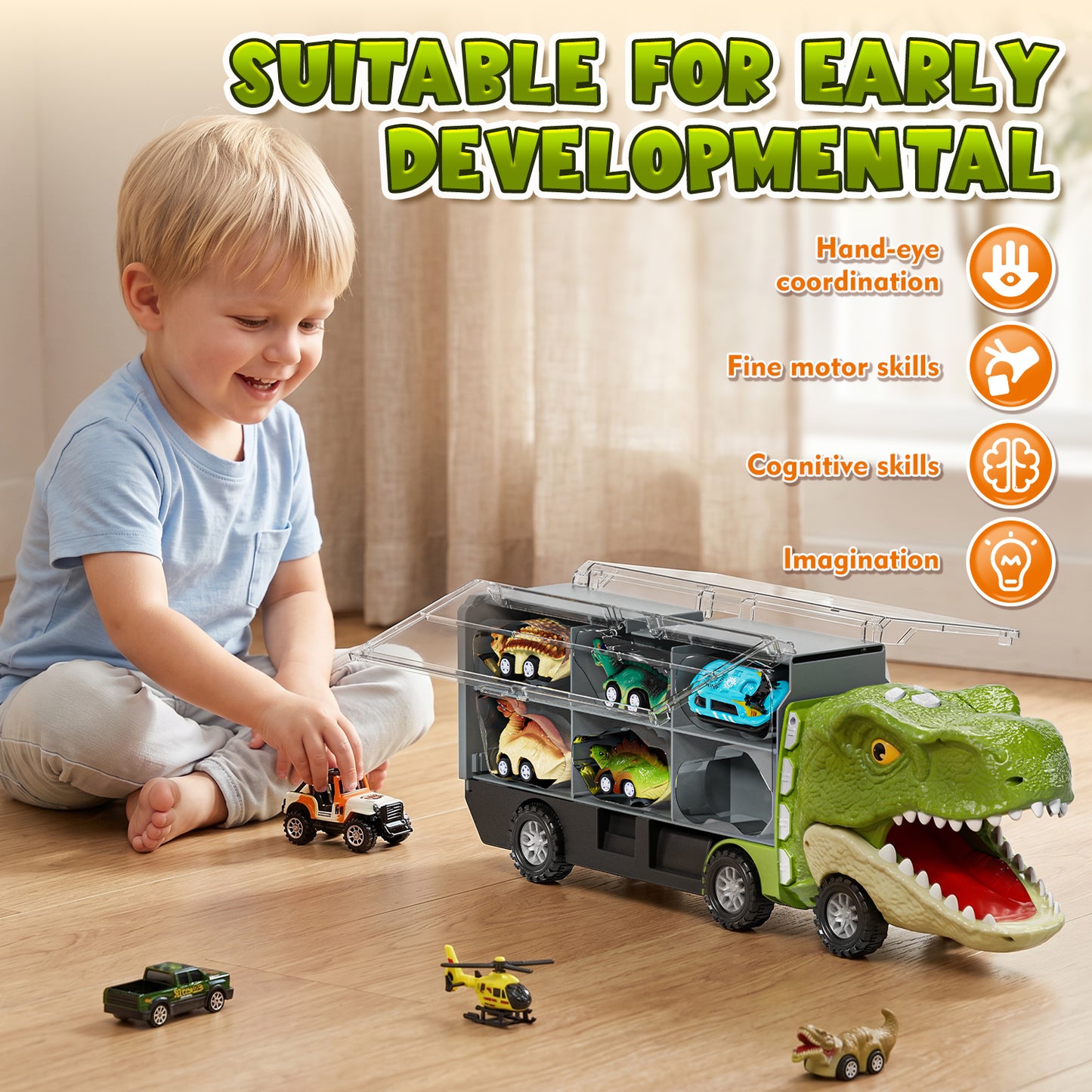 Dinosaur Toys Trucks for Toddlers, Boy Toys Car for Toddlers 2 3 4 5+ Years Old, Transport Truck with 12 Pull Back Cars, 13 in 1 Car Carrier Truck Toy Sets, Best Birthday Christmas Gifts