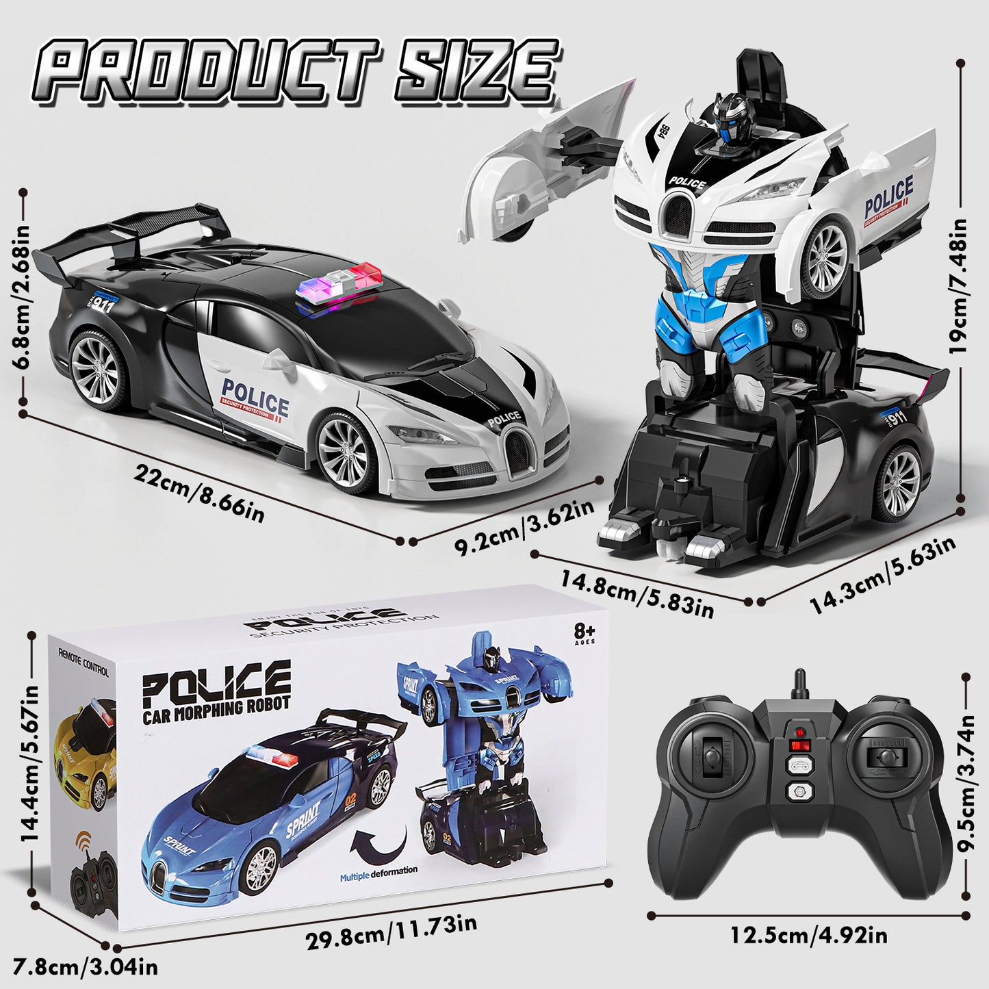 Remote Control Cars, Police Car Toy, Transform RC Cars, Transforming Toys with Cool Light, 360° Rotation One Button Deformation Car Toy, Birthday Gifts for Boys 5-7 8-12 Years Old