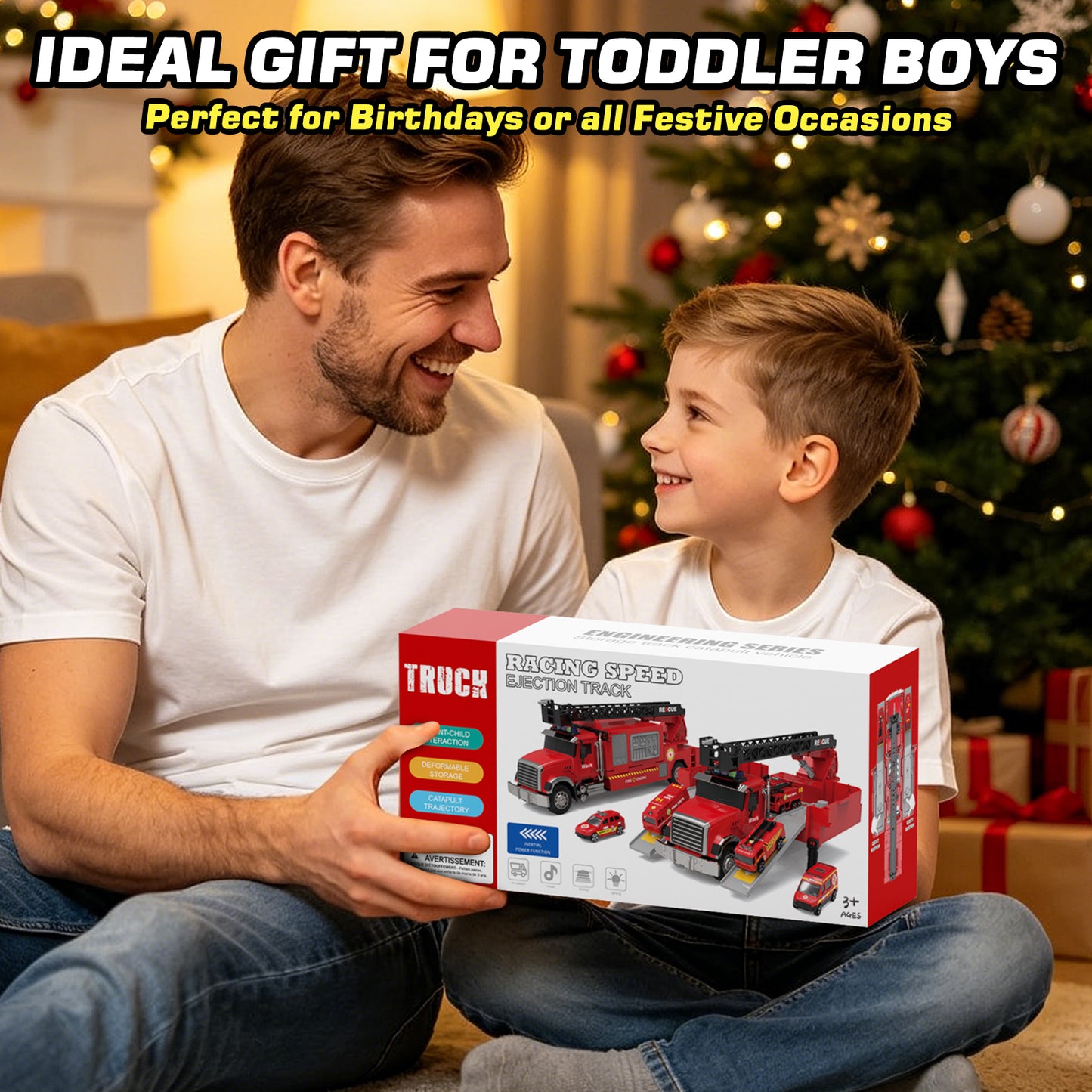 Toy Trucks for Boys 2 3 6 Years, Fire Truck Toys for Toddlers with Lights, Include Ejection Mode, Powerful Storage, Rescue Aerial Ladder, Water Pipes, 4 Alloy Vehicles, Best Birthday Christmas Gifts