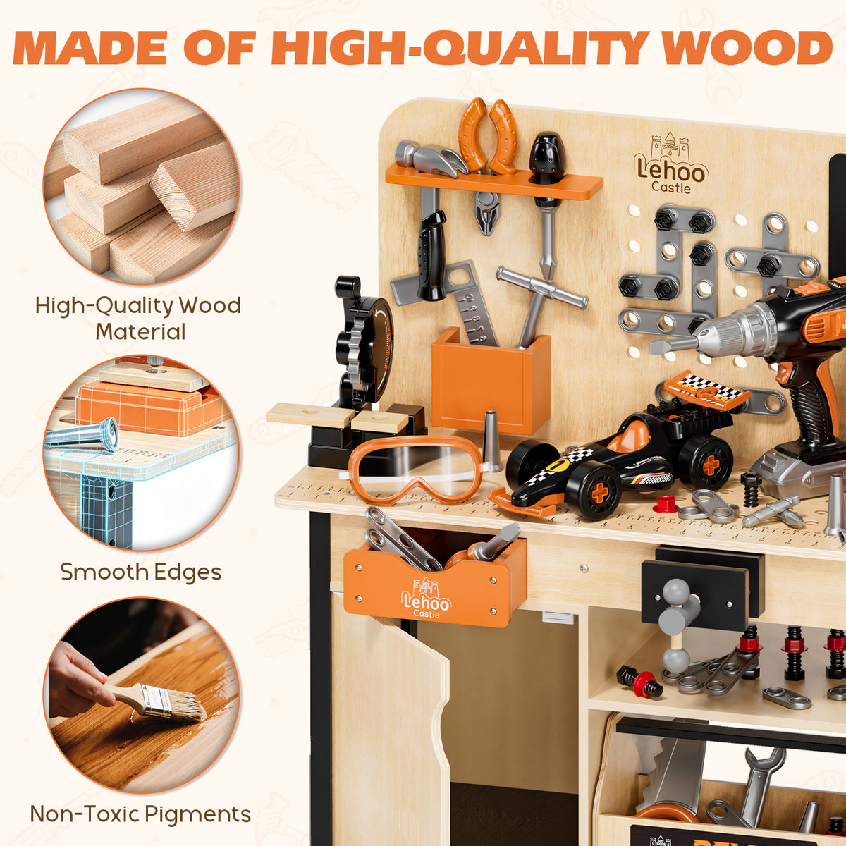 KWANITHINK Kids Wooden Tool Bench, Kids Workbench with Drill and 40+ Piece Tool Set, Wooden Construction Workbench Toy with Pretend Play Tools, DIY Building Activity Set for Boys Girls Ages 3-6