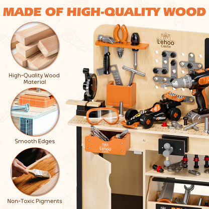 KWANITHINK Kids Wooden Tool Bench, Kids Workbench with Drill and 40+ Piece Tool Set, Wooden Construction Workbench Toy with Pretend Play Tools, DIY Building Activity Set for Boys Girls Ages 3-6