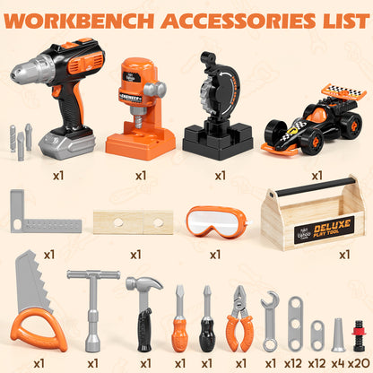 KWANITHINK Kids Wooden Tool Bench, Kids Workbench with Drill and 40+ Piece Tool Set, Wooden Construction Workbench Toy with Pretend Play Tools, DIY Building Activity Set for Boys Girls Ages 3-6