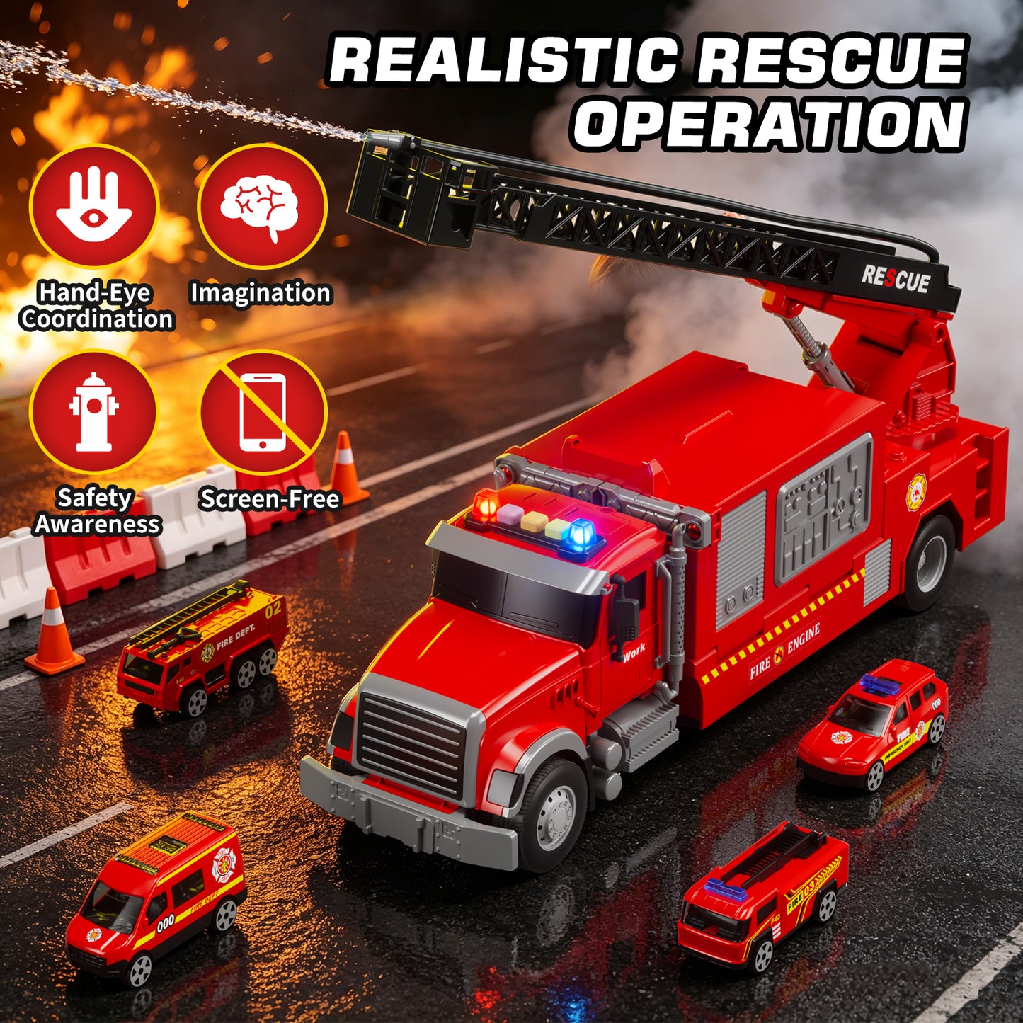 Toy Trucks for Boys 2 3 6 Years, Fire Truck Toys for Toddlers with Lights, Include Ejection Mode, Powerful Storage, Rescue Aerial Ladder, Water Pipes, 4 Alloy Vehicles, Best Birthday Christmas Gifts