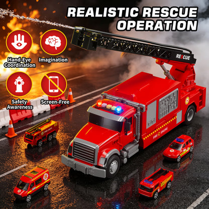 Toy Trucks for Boys 2 3 6 Years, Fire Truck Toys for Toddlers with Lights, Include Ejection Mode, Powerful Storage, Rescue Aerial Ladder, Water Pipes, 4 Alloy Vehicles, Best Birthday Christmas Gifts