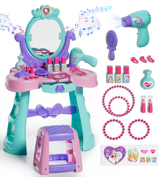 Toddler Vanity Makeup Table with Mirror and Chair, Toddler Kids Girls Vanity Set for Toddlers Age 3+