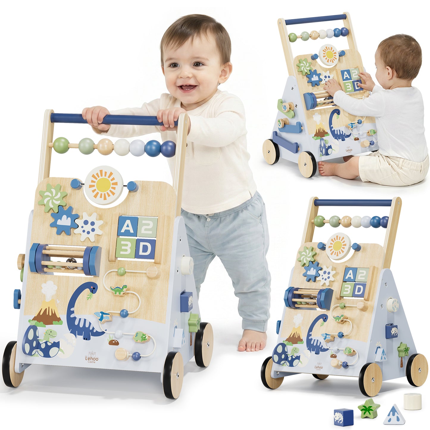 Toddler Push Walker, Wooden Push Walking Toys for 1-3 Year Old, Adjustable Speed Walker for Boy Girls, Dinosaur Toddler Walker, Montessori Walker Toy, Sit to Stand Walker with Activity Center