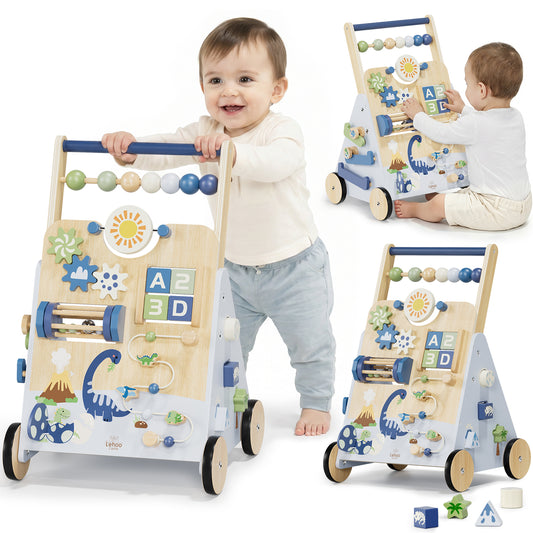 Toddler Push Walker, Wooden Push Walking Toys for 1-3 Year Old, Adjustable Speed Walker for Boy Girls, Dinosaur Toddler Walker, Montessori Walker Toy, Sit to Stand Walker with Activity Center