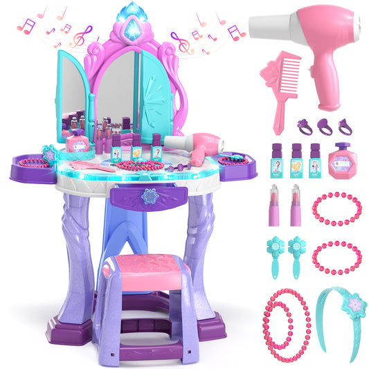 Kids Vanity Sets for Girls, Toddler Vanity Set Makeup Table for Kids, Girls Vanity with Mirror & Lights & Music Sound, Kids Makeup Vanity with Chair & Accessories, Toddler Toys for 2-5 Year Old Girls