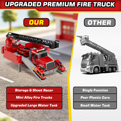 Toy Trucks for Boys 2 3 6 Years, Fire Truck Toys for Toddlers with Lights, Include Ejection Mode, Powerful Storage, Rescue Aerial Ladder, Water Pipes, 4 Alloy Vehicles, Best Birthday Christmas Gifts