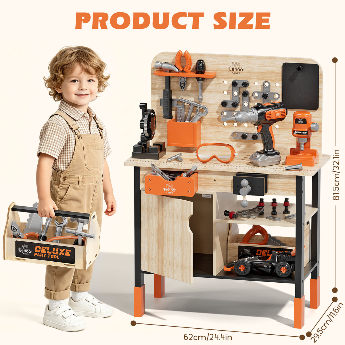 KWANITHINK Kids Wooden Tool Bench, Kids Workbench with Drill and 40+ Piece Tool Set, Wooden Construction Workbench Toy with Pretend Play Tools, DIY Building Activity Set for Boys Girls Ages 3-6