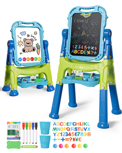 Easel for Kids, 4 in 1 Rotatable Double Sided Adjustable Standing Kids Art Easel Drawing Board White Board Chalkboard with Painting Accessories - Blue