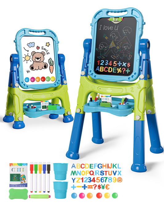 Easel for Kids, 4 in 1 Rotatable Double Sided Adjustable Standing Kids Art Easel Drawing Board White Board Chalkboard with Painting Accessories - Blue