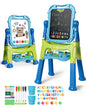 Easel for Kids, 4 in 1 Rotatable Double Sided Adjustable Standing Kids Art Easel Drawing Board White Board Chalkboard with Painting Accessories - Blue