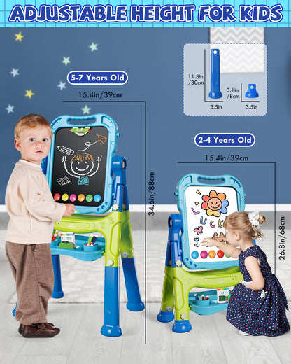 Easel for Kids, 4 in 1 Rotatable Double Sided Adjustable Standing Kids Art Easel Drawing Board White Board Chalkboard with Painting Accessories - Blue