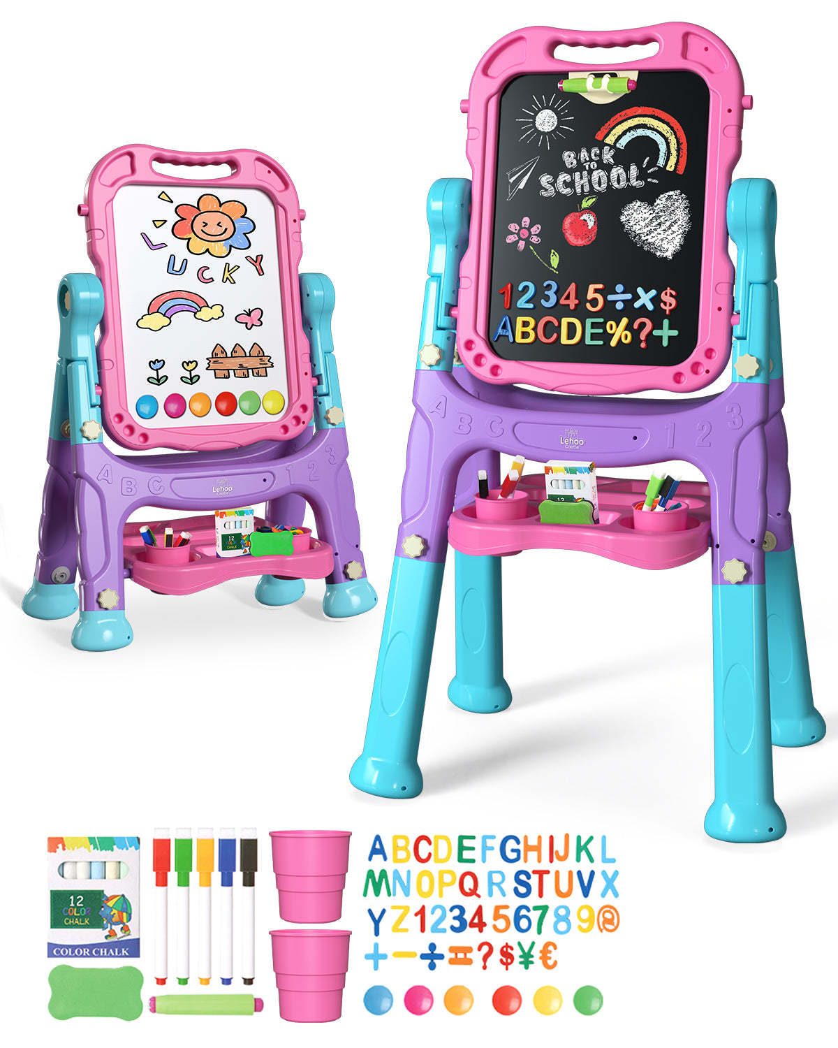 Easel for Kids, 4 in 1 Rotatable Double Sided Adjustable Standing Kids Art Easel Drawing Board White Board Chalkboard with Painting Accessories - Pink