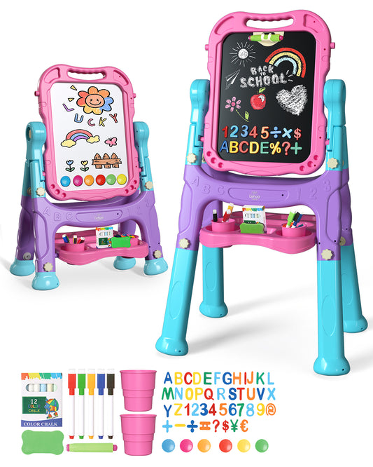 Easel for Kids, 4 in 1 Rotatable Double Sided Adjustable Standing Kids Art Easel Drawing Board White Board Chalkboard with Painting Accessories - Pink