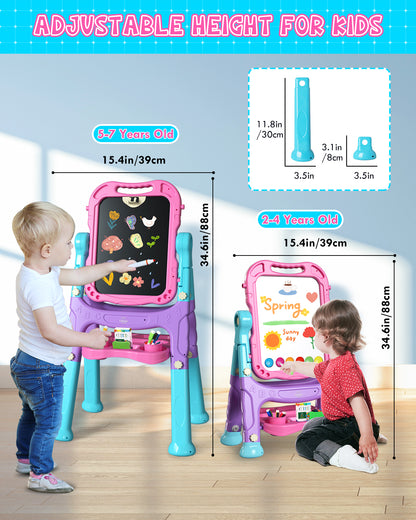 Easel for Kids, 4 in 1 Rotatable Double Sided Adjustable Standing Kids Art Easel Drawing Board White Board Chalkboard with Painting Accessories - Pink