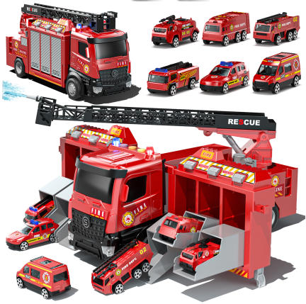 Toy Trucks for Boys 2 3 6 Years, Fire Truck Toys for Toddlers with Lights, Include Ejection Mode, Powerful Storage, Rescue Aerial Ladder, Water Pipes, 6 Alloy Vehicles, Best Birthday Christmas Gifts