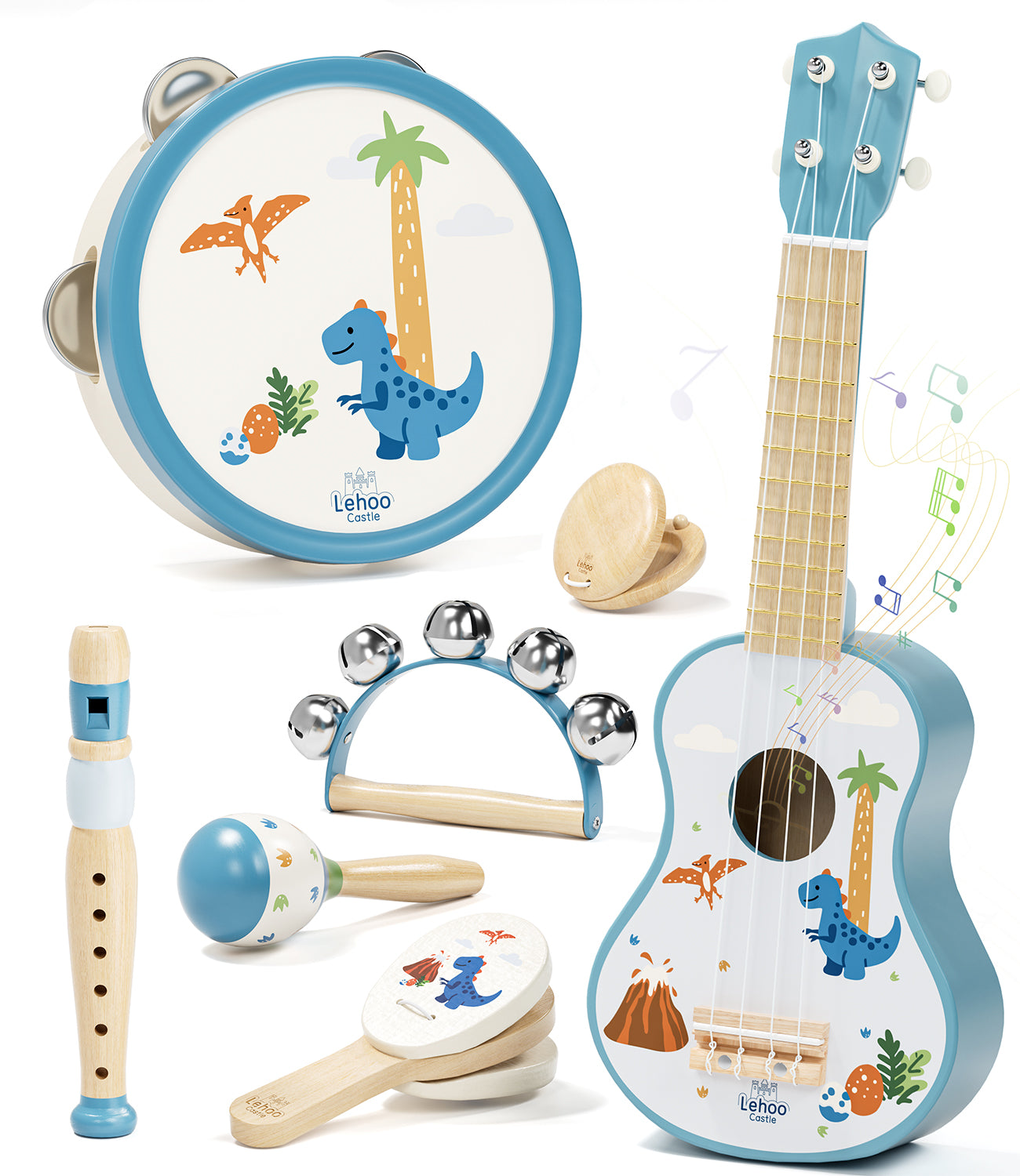 Kid Guitar Set, Musical Instruments for Kids, 7 in 1 Dinosaur Music Toys, Band Sets with Ukulele Flute Tambourine Maracas... Montessori Toys for Kids 2+ Year Old Boy, Education Preschool Toys Gift