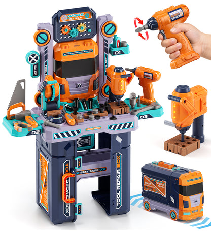 Kids Tool Bench Play Set, Foldable Kids Workbench with Realistic Tools & Electric Drill, Stores as a Truck, Kids Tool Set, Educational Toys, Construction Toys for Boys Age 2 3 Birthday Gifts