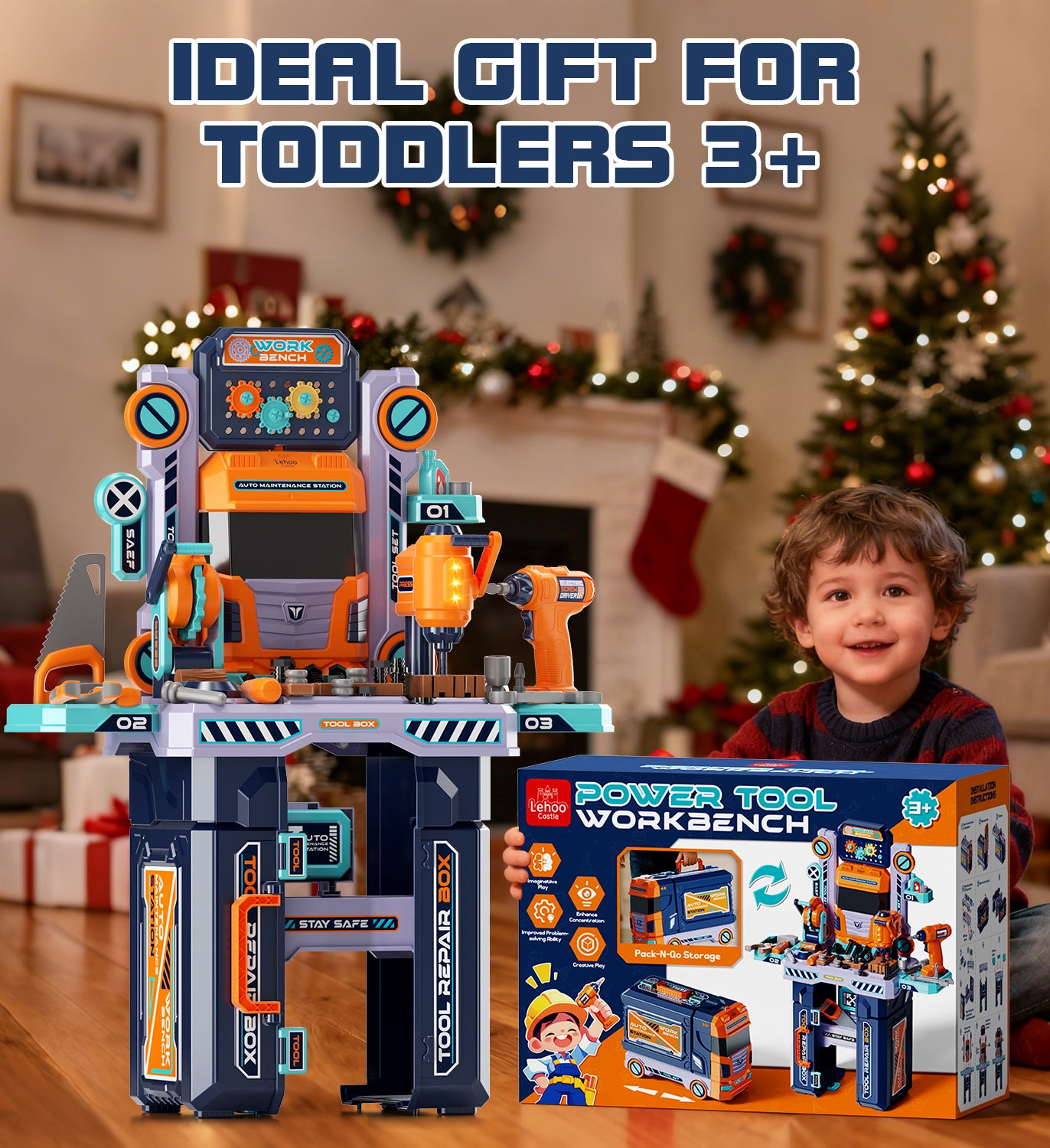 Kids Tool Bench Play Set, Foldable Kids Workbench with Realistic Tools & Electric Drill, Stores as a Truck, Kids Tool Set, Educational Toys, Construction Toys for Boys Age 2 3 Birthday Gifts
