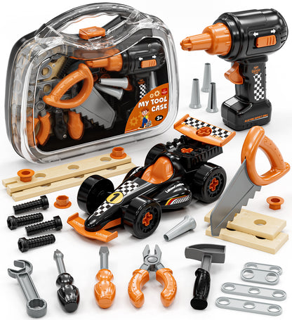 Toys for 2 Year Old Boys, Kids Tool Set, Toolbox Set for Kids, Includes Realistic Tools & Electric Drill & Take Apart Toy Racing Cars, Educational Learning Toys for Boys Age 2 3 4 5 Birthday Gifts