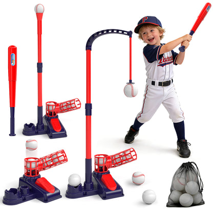 3 in 1 T Ball Set Toys for Kids 3-8, Kids Baseball Toys Includes 6 Balls, Tee Ball Set for Kids Age 3+, Toddler Baseball Game Sports & Outdoors Toys, Auto Ball Launcher & Storage Bag