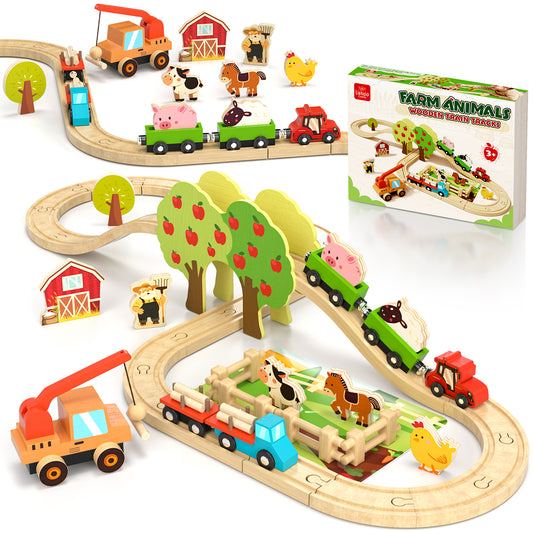 Train Set, Wooden Train Set for Kids, Train Toys for Toddlers, Toy Train with Train Tracks, Wooden Farm Toys for Kids 2 3 4 5+ Years Old, Great Gift for Boys Girls - Compatible with Other Brands