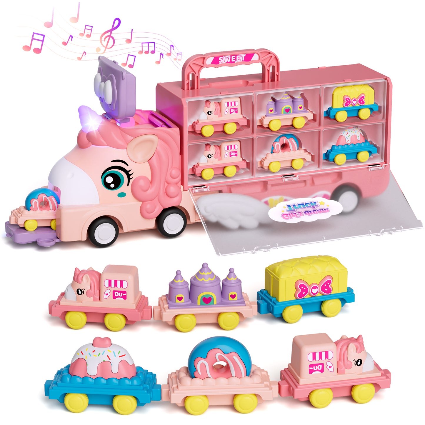 Unicorn Toys Trucks for Toddlers, Toys for 2 Year Old Girls, Toys Cars with Lights & Sounds, Transport Truck with 6 Pull and Go Cars, 7 in 1 Car Carrier Truck Toy Sets, Best Birthday Christmas Gifts