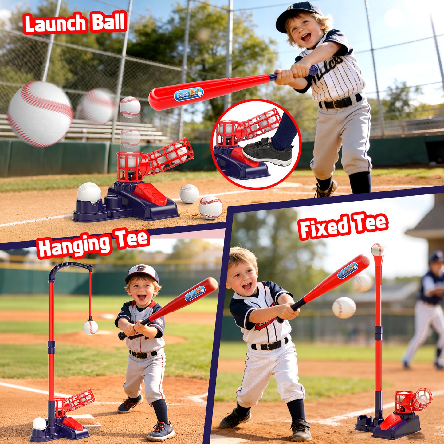 3 in 1 T Ball Set Toys for Kids 3-8, Kids Baseball Toys Includes 6 Balls, Tee Ball Set for Kids Age 3+, Toddler Baseball Game Sports & Outdoors Toys, Auto Ball Launcher & Storage Bag