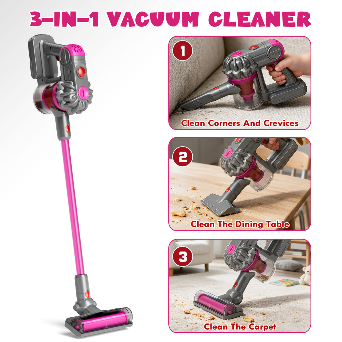 Toy Vacuum Cleaner for Kids, Pretend Play, Kids Vacuum Cleaner with 3 Converter Heads, Toddler Vacuum with Real Suction Power, Housekeeping Set Preschool Toy for Toddlers Boys Girls Age 2 3 4+ (Pink)