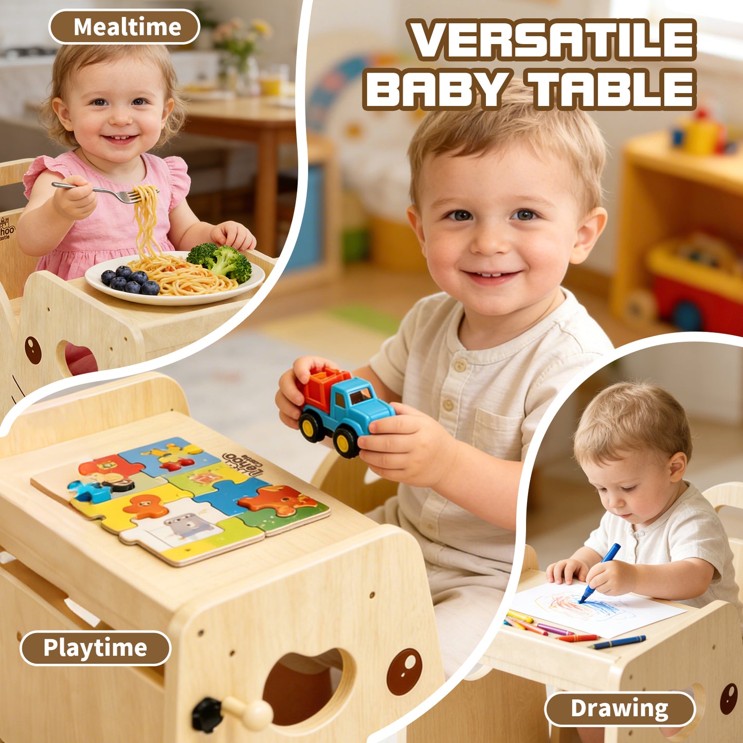 Montessori Weaning Table and Chair Set, Adjustable Design, Elephant Theme Wooden Toddler Table and Chair Set for Toddlers 1-3, Ideal for Mealtime, Learning and Play, Kids Montessori Furniture