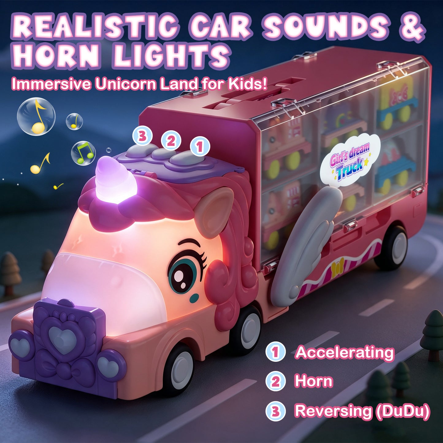 Unicorn Toys Trucks for Toddlers, Toys for 2 Year Old Girls, Toys Cars with Lights & Sounds, Transport Truck with 6 Pull and Go Cars, 7 in 1 Car Carrier Truck Toy Sets, Best Birthday Christmas Gifts
