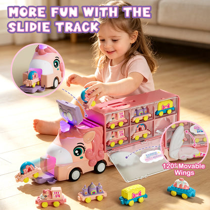 Unicorn Toys Trucks for Toddlers, Toys for 2 Year Old Girls, Toys Cars with Lights & Sounds, Transport Truck with 6 Pull and Go Cars, 7 in 1 Car Carrier Truck Toy Sets, Best Birthday Christmas Gifts