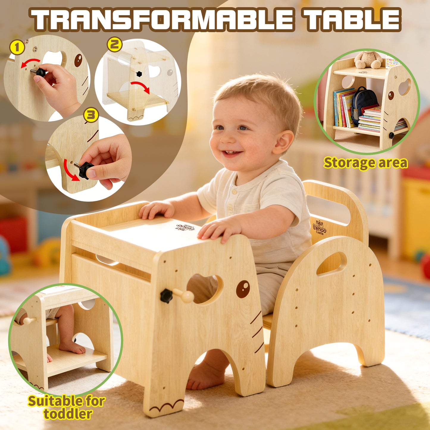 Montessori Weaning Table and Chair Set, Adjustable Design, Elephant Theme Wooden Toddler Table and Chair Set for Toddlers 1-3, Ideal for Mealtime, Learning and Play, Kids Montessori Furniture