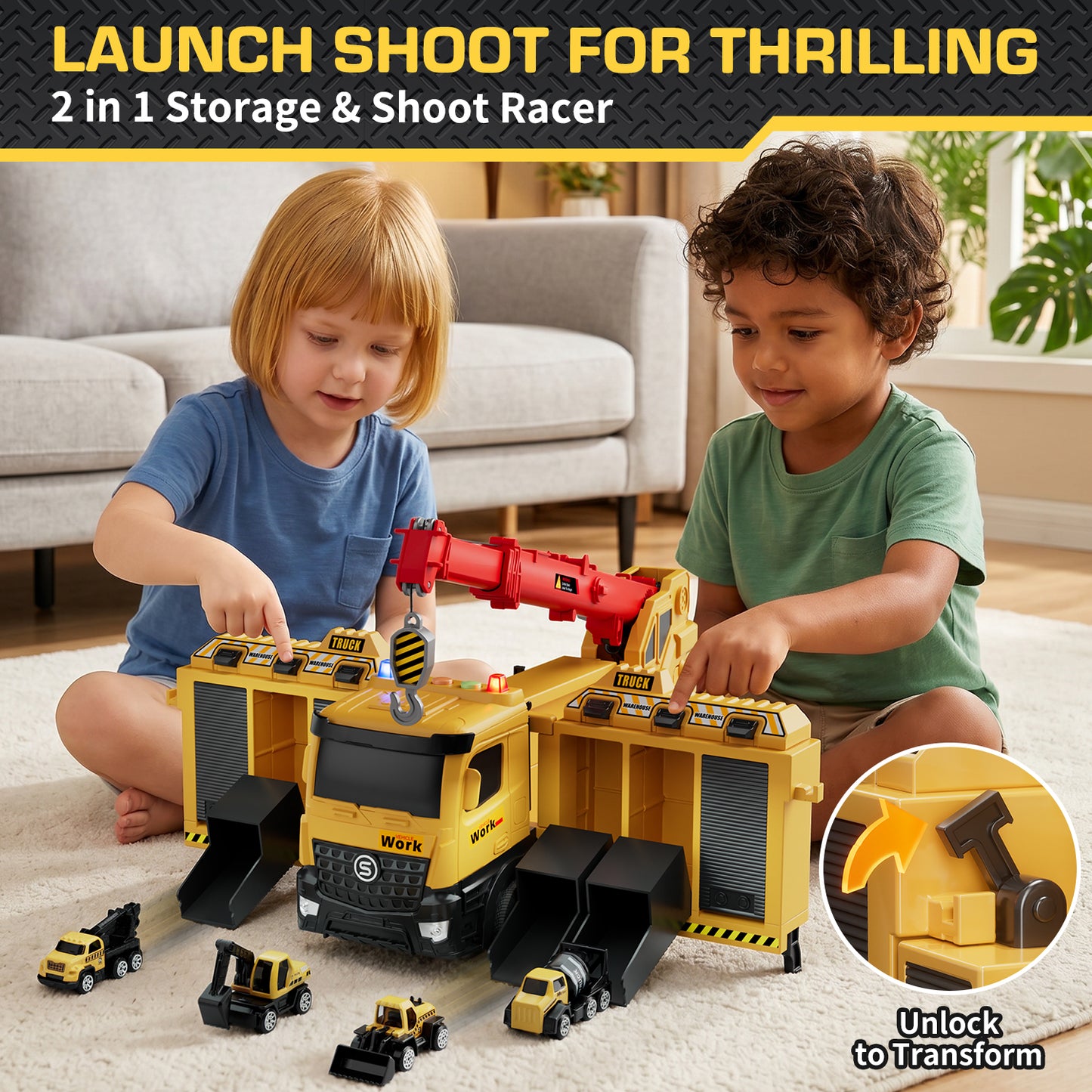 Crane Toy, Construction Truck for Boys 2 3 6 Years, Construction Vehicle Toy Car for Toddlers, Include Launch Mode, Powerful Storage, 6 Alloy Construction Vehicles, Best Birthday Christmas Gifts