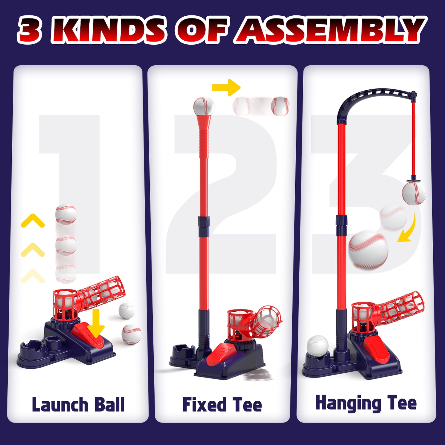 3 in 1 T Ball Set Toys for Kids 3-8, Kids Baseball Toys Includes 6 Balls, Tee Ball Set for Kids Age 3+, Toddler Baseball Game Sports & Outdoors Toys, Auto Ball Launcher & Storage Bag