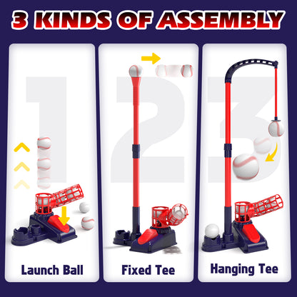 3 in 1 T Ball Set Toys for Kids 3-8, Kids Baseball Toys Includes 6 Balls, Tee Ball Set for Kids Age 3+, Toddler Baseball Game Sports & Outdoors Toys, Auto Ball Launcher & Storage Bag