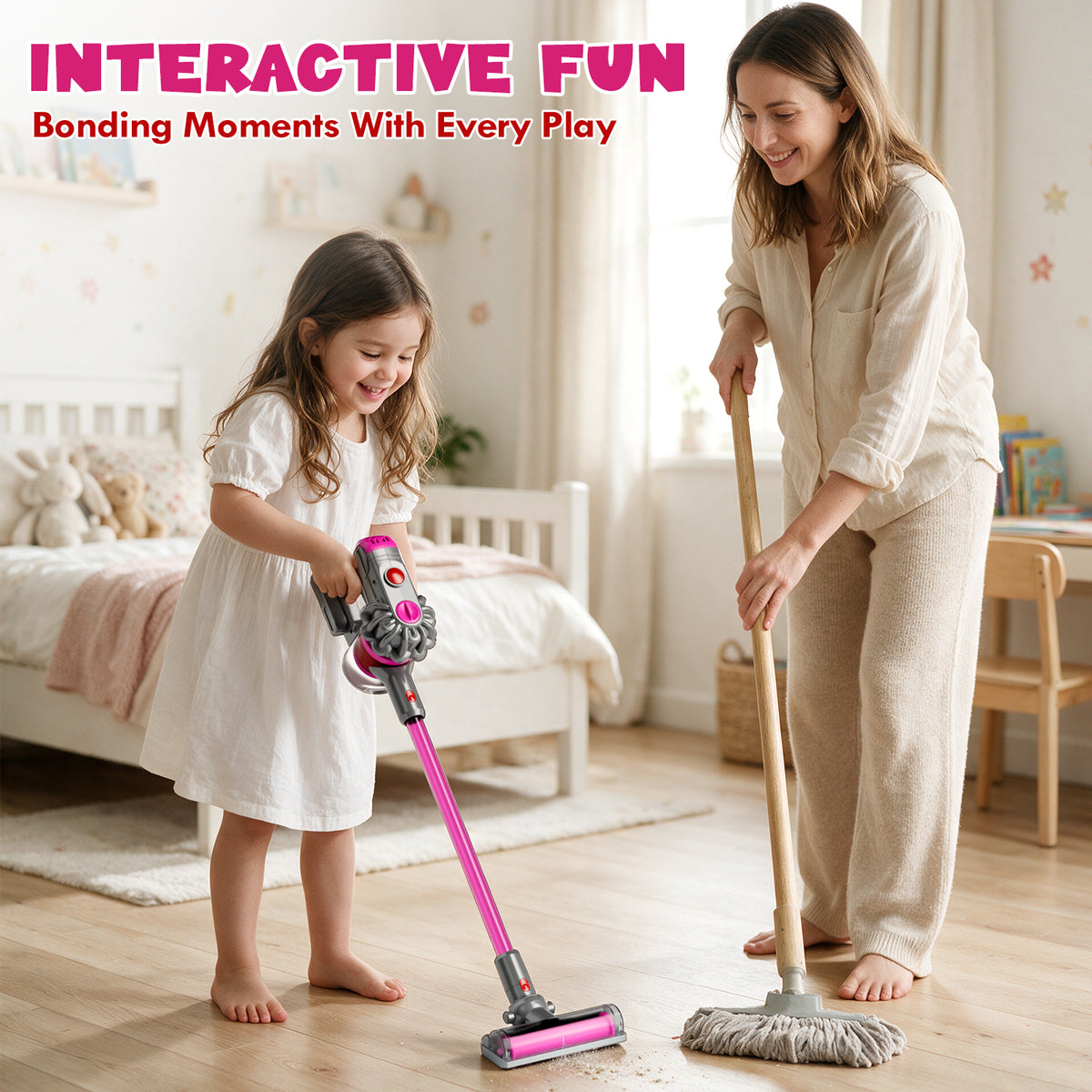 Toy Vacuum Cleaner for Kids, Pretend Play, Kids Vacuum Cleaner with 3 Converter Heads, Toddler Vacuum with Real Suction Power, Housekeeping Set Preschool Toy for Toddlers Boys Girls Age 2 3 4+ (Pink)