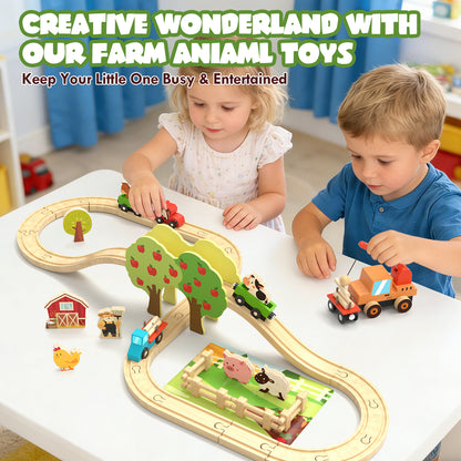 Train Set, Wooden Train Set for Kids, Train Toys for Toddlers, Toy Train with Train Tracks, Wooden Farm Toys for Kids 2 3 4 5+ Years Old, Great Gift for Boys Girls - Compatible with Other Brands